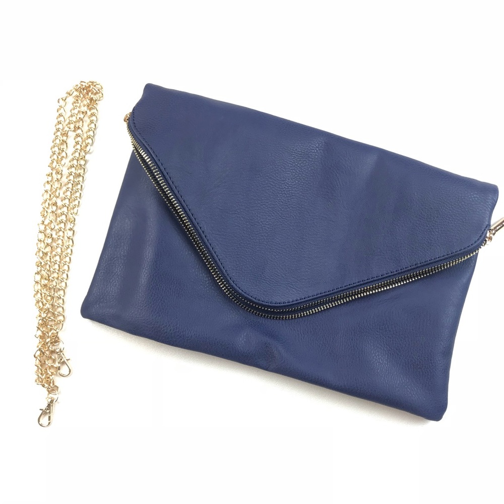 Navy Clutch with gold crossbody strap